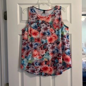 Lapis Floral Tunic Top Tank L Bust 41” Stretch Asymmetric Hem Turquoise Coral